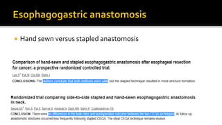 Hand sewn versus stapled anastomosis
 
