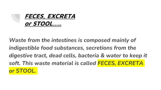 FECES, EXCRETA
or STOOL…..
Waste from the intestines is composed mainly of
indigestible food substances, secretions from the
digestive tract, dead cells, bacteria & water to keep it
soft. This waste material is called FECES, EXCRETA
or STOOL.
 