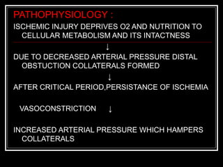 PATHOPHYSIOLOGY :
ISCHEMIC INJURY DEPRIVES O2 AND NUTRITION TO
CELLULAR METABOLISM AND ITS INTACTNESS
↓
DUE TO DECREASED ARTERIAL PRESSURE DISTAL
OBSTUCTION COLLATERALS FORMED
↓
AFTER CRITICAL PERIOD,PERSISTANCE OF ISCHEMIA
VASOCONSTRICTION ↓
INCREASED ARTERIAL PRESSURE WHICH HAMPERS
COLLATERALS
 