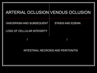 ARTERIAL OCLUSION VENOUS OCLUSION
VASOSPASM AND SUBSEQUENT STASIS AND EDEMA
LOSS OF CELLULAR INTEGRITY
↓ ↓
INTESTINAL NECROSIS AND PERITONITIS
 