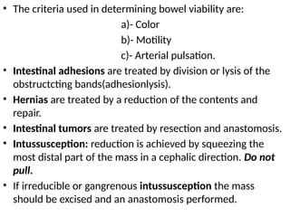 • The criteria used in determining bowel viability are:
a)- Color
b)- Motility
c)- Arterial pulsation.
• Intestinal adhesions are treated by division or lysis of the
obstructcting bands(adhesionlysis).
• Hernias are treated by a reduction of the contents and
repair.
• Intestinal tumors are treated by resection and anastomosis.
• Intussusception: reduction is achieved by squeezing the
most distal part of the mass in a cephalic direction. Do not
pull.
• If irreducible or gangrenous intussusception the mass
should be excised and an anastomosis performed.
 