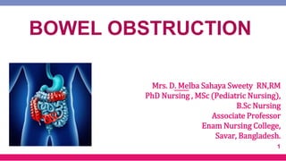 1
BOWEL OBSTRUCTION
Mrs. D. Melba Sahaya Sweety RN,RM
PhD Nursing , MSc (Pediatric Nursing),
B.Sc Nursing
Associate Professor
Enam Nursing College,
Savar, Bangladesh.
 
