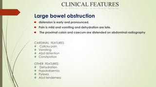 CLINICAL FEATURES
Large bowel obstruction
distension is early and pronounced.
Pain is mild and vomiting and dehydration are late.
The proximal colon and caecum are distended on abdominal radiography
CARDINAL FEATURES:
Colicky pain
Vomiting
Abd distention
Constipation
OTHER FEATURES:
Dehydration
Hypokalaemia
Pyrexia
Abd tenderness
 