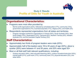 Organisational Characteristics:
 Programs were most often provided by:
– Not-for-profit organisations (43%), followed by ...