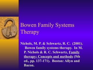 Bowen Family Systems
Therapy
Nichols, M. P. & Schwartz, R. C. (2001).
   Bowen family systems therapy. In M.
  P. Nichols & R. C. Schwartz, Family
  therapy: Concepts and methods (5th
  ed., pp. 137-171). Boston: Allyn and
  Bacon.
 