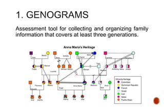 Assessment tool for collecting and organizing family
information that covers at least three generations.
 