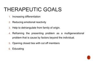1. Increasing differentiation
2. Reducing emotional reactivity
3. Help to detriangulate from family of origin.
4. Reframing the presenting problem as a multigenerational
problem that is cause by factors beyond the individual.
5. Opening closed ties with cut off members
6. Educating
 