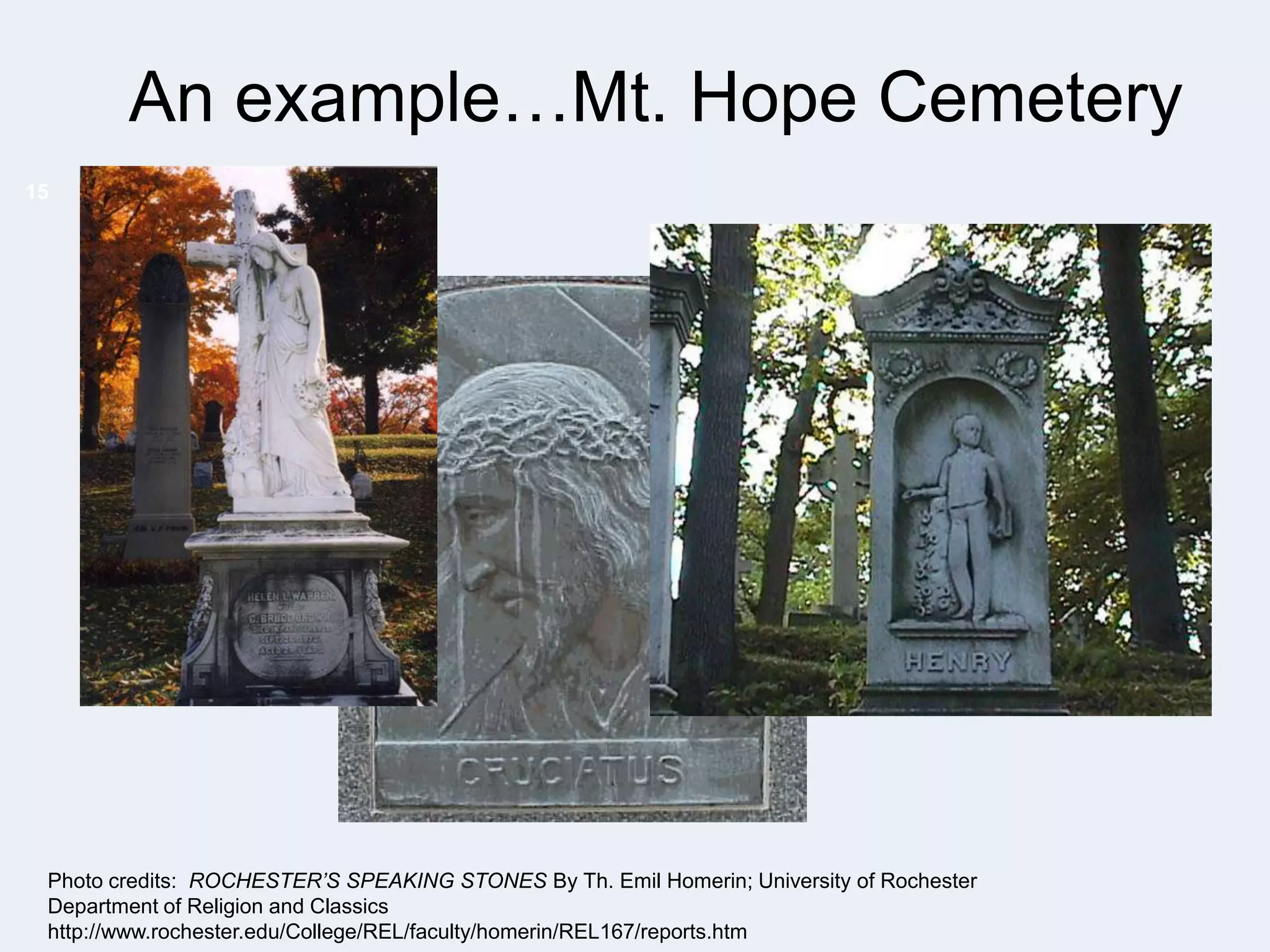 An example…Mt. Hope Cemetery
15

Photo credits: ROCHESTER’S SPEAKING STONES By Th. Emil Homerin; University of Rochester
Department of Religion and Classics
http://www.rochester.edu/College/REL/faculty/homerin/REL167/reports.htm

 
