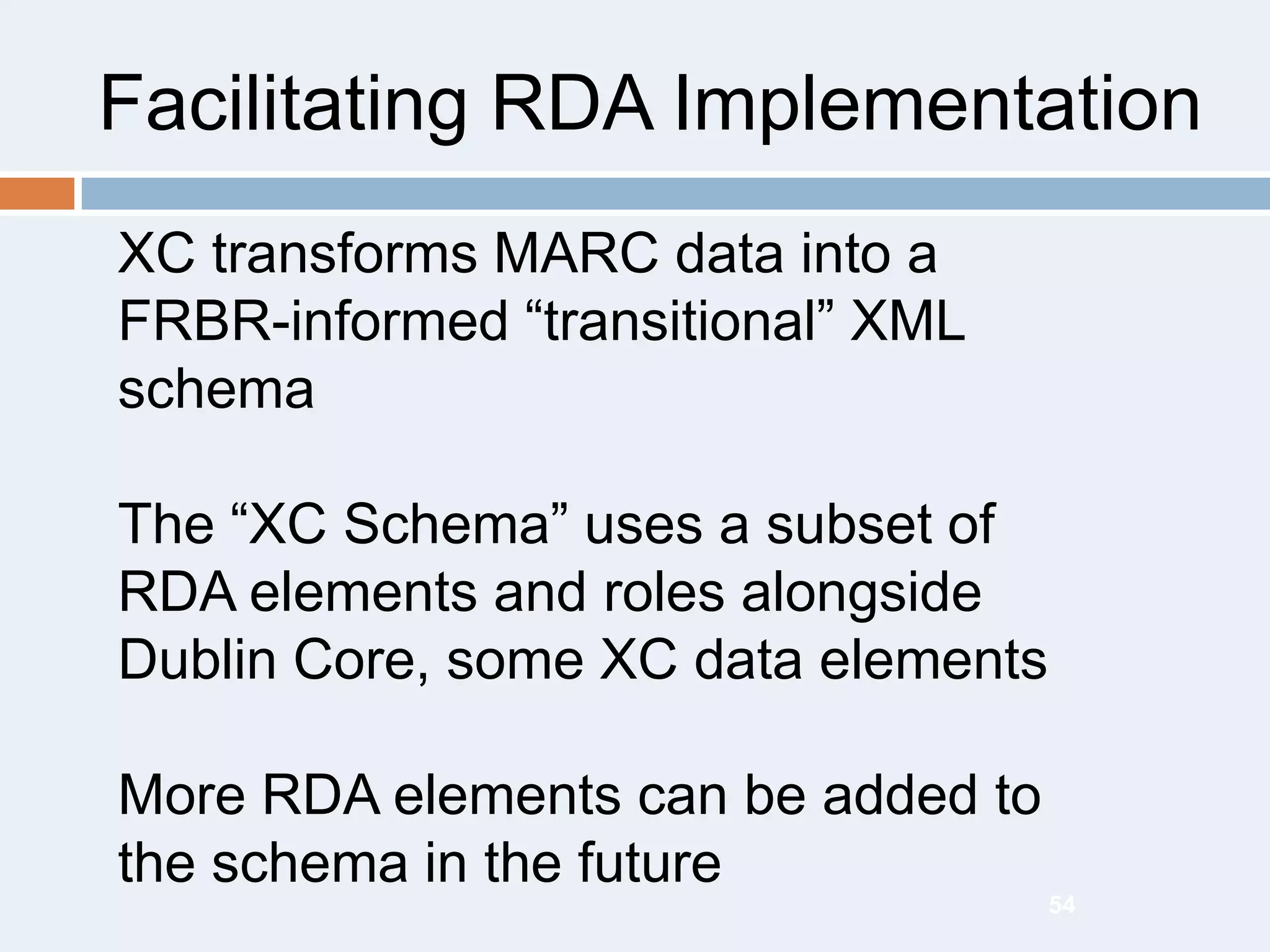 Facilitating RDA Implementation
XC transforms MARC data into a
FRBR-informed ―transitional‖ XML
schema
The ―XC Schema‖ uses a subset of
RDA elements and roles alongside
Dublin Core, some XC data elements
More RDA elements can be added to
the schema in the future
54

 