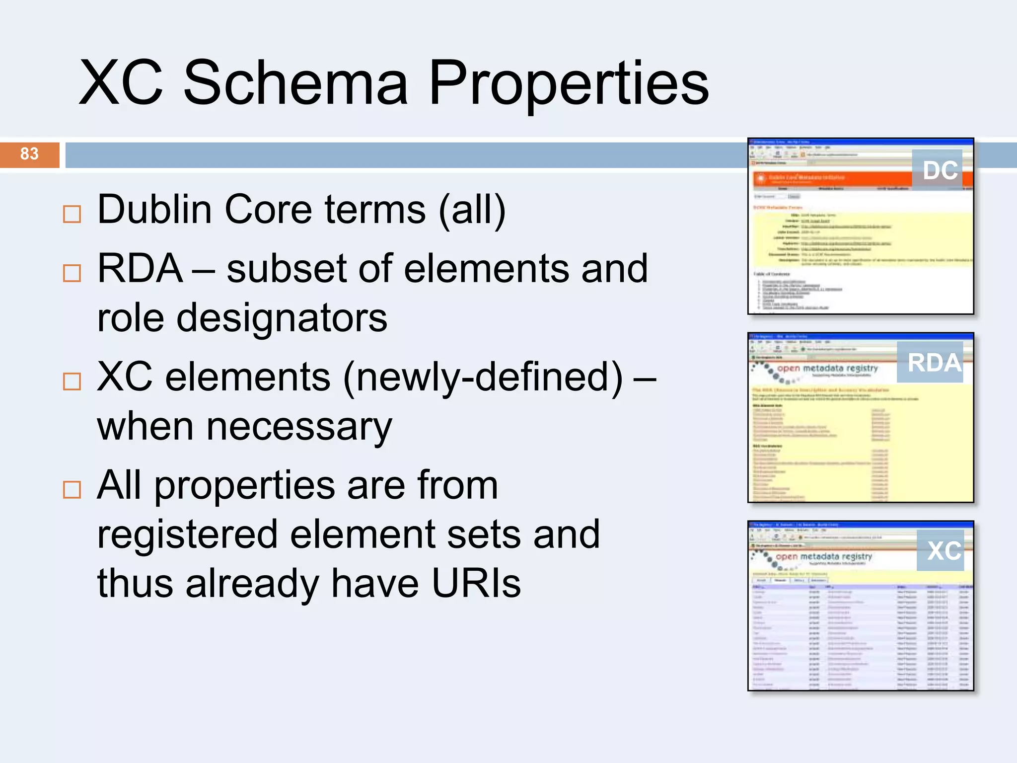 XC Schema Properties
83

DC







Dublin Core terms (all)
RDA – subset of elements and
role designators
XC elements (newly-defined) –
when necessary
All properties are from
registered element sets and
thus already have URIs

RDA

XC

 
