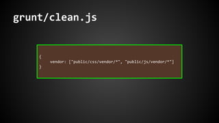 grunt/clean.js 
{ 
vendor: ["public/css/vendor/*", "public/js/vendor/*"] 
} 
 