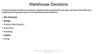 Warehouse Decisions
• Site Selection
• Design
• Product-Mix Analysis
• Expansion
• Handling
• Layout
• Sizing
To achieve the basic benefits of a warehouse a detailed analysis considering the size, type, and shape of the facility must
be determined. Proper planning can ensure desired warehouse efficiencies
Copyright © 2020 by The McGraw-Hill Companies, Inc. All
rights reserved.
 