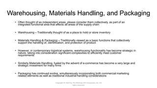 Warehousing, Materials Handling, and Packaging
• Often thought of as independent areas, please consider them collectively, as part of an
integrated functional area that affects all areas of the supply chain
• Warehousing – Traditionally thought of as a place to hold or store inventory
• Materials Handling & Packaging – Traditionally viewed as a basic functions that collectively
support the handling of, identification, and protection of product
• However, in contemporary logistical systems, warehousing functionality has become strategic in
nature, taking into consideration significant complexities to efficiently meet customer
requirements
• Similarly Materials Handling, fueled by the advent of e-commerce has become a very large and
strategic investment for many firms
• Packaging has continued evolve, simultaneously incorporating both commercial marketing
related elements as well as traditional industrial handling considerations
Copyright © 2020 by The McGraw-Hill Companies, Inc. All
rights reserved.
 