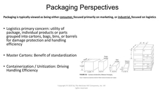 Packaging Perspectives
• Logistics primary concern: utility of
package, individual products or parts
grouped into cartons, bags, bins, or barrels
for damage protection and handling
efficiency
• Master Cartons: Benefit of standardization
• Containerization / Unitization: Driving
Handling Efficiency
Packaging is typically viewed as being either consumer, focused primarily on marketing, or industrial, focused on logistics
Copyright © 2020 by The McGraw-Hill Companies, Inc. All
rights reserved.
 