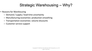 Strategic Warehousing – Why?
• Reasons for Warehousing
– Demand / supply / lead time uncertainty
– Manufacturing economies: production smoothing
– Transportation economies: volume discounts
– Customer service support
Copyright © 2020 by The McGraw-Hill Companies, Inc. All
rights reserved.
 