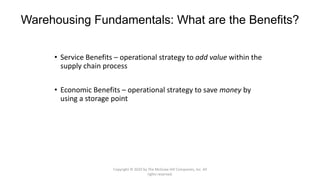 Warehousing Fundamentals: What are the Benefits?
• Service Benefits – operational strategy to add value within the
supply chain process
• Economic Benefits – operational strategy to save money by
using a storage point
Copyright © 2020 by The McGraw-Hill Companies, Inc. All
rights reserved.
 