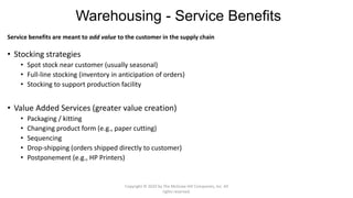 Warehousing - Service Benefits
• Stocking strategies
• Spot stock near customer (usually seasonal)
• Full-line stocking (inventory in anticipation of orders)
• Stocking to support production facility
• Value Added Services (greater value creation)
• Packaging / kitting
• Changing product form (e.g., paper cutting)
• Sequencing
• Drop-shipping (orders shipped directly to customer)
• Postponement (e.g., HP Printers)
Service benefits are meant to add value to the customer in the supply chain
Copyright © 2020 by The McGraw-Hill Companies, Inc. All
rights reserved.
 