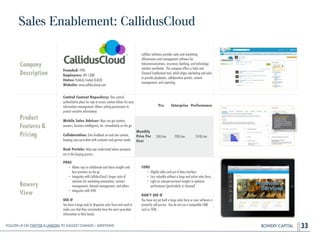 BOWERY CAPITAL
Sales Enablement: CallidusCloud
33
Company
Description
!
!
!
!
Founded: 1996
Employees: 501-1,000
Status: Publicly Traded (CALD)
Website: www.calliduscloud.com
Callidus Software provides sales and marketing
effectiveness and management software for
telecommunications, insurance, banking, and technology
markets worldwide. The company offers a Sales and
Channel Enablement tool, which aligns marketing and sales
to provide playbooks, collaboration portals, content
management, and reporting.
Product
Features&
Pricing
Central Content Repository: One central,
authoritative place for reps to access content allows for easy
information management. Allows setting permissions to
protect sensitive information.
!
Mobile Sales Advisor: Reps can get content,
answers, business intelligence, etc. immediately on the go.
!
Collaboration: Give feedback on and rate content,
keeping reps up-to-date with customer and partner needs.
!
Deal Portals: Help reps understand where prospects
are in the buying process.
Bowery
View
PROS
• Allows reps to collaborate and share insights and
best practices on the go
• Integrates with CallidusCloud’s larger suite of
solutions for marketing automation, contract
management, channel management, and others
• Integrates with SFDC
!
USE IF
You have a large and/or disparate sales force and need to
make sure that they consistently have the most up-to-date
information in their hands.
CONS
• Slightly older and out of date interface
• Less valuable without a large and active sales force
• Light on salesperson-level insights to optimize
performance (particularly in channel)
!
DON’T USE IF
You have not yet built a large sales force or your software is
primarily self-service. You do not use a compatible CRM,
such as SFDC.
Pro Enterprise Performance
Monthly
Price Per
User
$50/mo $90/mo $110/mo
Follow Us On Twitter & LinkedIn TO Suggest Changes / Additions!
 
