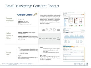 BOWERY CAPITAL
Email Marketing: Constant Contact
40
Company
Description
!
!
!
!
Founded: 1998
Employees: 1,001-5,000
Status: Publicly Traded (CTCT)
Website: www.constantcontact.com
Constant Contact is an email marketing software that allows
users to design professional-looking emails in minutes with
customizable templates and drag-and-drop editing and to
grow their email lists. The program can be integrated with
social media and includes real-time reports which allows
users to review the success of campaigns online from any
device using an e-signature.
Product
Features&
Pricing
Beautiful Campaigns: Fast and easy-to-use
customizable templates
!
Audience Connection: Track your interactions with
contact management so you can make sure the right people
get the right message
Bowery
View
PROS
• Combines email campaign and social media efforts
• Useful additional features such as video links, blog
content, etc.
• Many email templates
!
USE IF
You are a smaller to medium sized company that wants to
reduce costs on email marketing.
CONS
• Relatively older solution with a mediocre interface
• Contact emails do not directly provide Google
Analytic reports
• Reporting that can be challenging to understand
!
DON’T USE IF
You are a larger company that can afford the more costly
packages and take full advantage of the offered features.
You use a lot of Google Analytics
0 - 500
Contacts
501 -
2,500
Contacts
2,501 -
5,000
Contacts
5,001 -
10,000
Contacts
10,000+
Contacts
Price $15/mo $30/mo $50/mo $75/mo
Call for
pricing
Follow Us On Twitter & LinkedIn TO Suggest Changes / Additions!
 