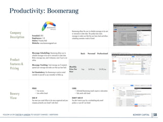 BOWERY CAPITAL
Productivity: Boomerang
58
Company
Description
!
!
!
!
Founded: 2012
Employees: 1-10
Status: Privately Held
Website: www.boomeranggmail.com
Boomerang allows the user to schedule messages to be sent
or returned at a later date. The product also tracks
messages to make sure that the user hears back and allows
scheduling reminders inside of Gmail.
Product
Features&
Pricing
Message Scheduling: Boomerang allows you to
schedule messages to be sent or returned at a later date.
Write a message now, send it whenever, even if you're not
online.
!
Message Tracking: Track message see if recipients
opened your message and make sure that you hear back
!
Set Reminders: Use Boomerang to send an email
reminder to yourself so you remember to follow up.
Bowery
View
PROS
• Free version
• Lives within Gmail
!
USE IF
You want your email efforts to be more organized and your
company primarily uses Gmail’s web client.
CONS
• Unlimited Boomerang emails require a subscription
• Only works with Gmail
!
DON’T USE IF
You don’t want to pay for a rescheduling-only email
product, or you do’t use Gmail.
Basic Personal Professional
Monthly
Price Per
User
Free $4.99/mo $14.99/mo
Follow Us On Twitter & LinkedIn TO Suggest Changes / Additions!
 
