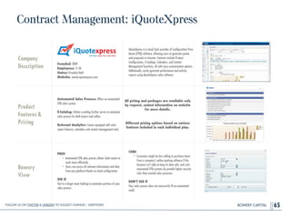 BOWERY CAPITAL
Contract Management: iQuoteXpress
65
Company
Description
!
!
!
!
Founded: 2009
Employees: 11-50
Status: Privately Held
Website: wwww.iquotexpress.com
iQuoteXpress is a cloud SaaS provider of Conﬁguration Price
Quote (CPQ) software, allowing users to generate quotes
and proposals in minutes. Features include Product
Conﬁguration, E-Catalogs, Calendars, and Contact
Management functions, all with easy customization options.
Additionally, easily generate performance and activity
reports using iQuoteXpress sales software.
Product
Features&
Pricing
Automated Sales Process: Offers an automated
CPQ sales system
!
E-Catalog: Online e-catalog further serves to automate
sales process for both buyers and sellers
!
Relevant Analytics: Comes equipped with sales
report features, calendars and contact management tools
Bowery
View
PROS
• Automated CPQ sales process allows Sales teams to
work more efﬁciently
• Users can access all relevant information and data
from any platform thanks to cloud conﬁguration
!
USE IF
You're a larger team looking to automate portions of your
sales process.
CONS
• Customers might be less willing to purchase items
from a company's online quoting software if the
business isn't able to keep its data safe, and such
automated CPQ systems do provide higher security
risks than normal sales processes
!
DON’T USE IF
Your sales process does not necessarily ﬁt an automated
mold.
All pricing and packages are available only
by request, contact information on website
for more details.
!
Different pricing options based on various
features included in each individual plan.
Follow Us On Twitter & LinkedIn TO Suggest Changes / Additions!
 