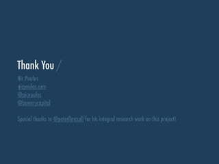 Thank You /
Nic Poulos
nicpoulos.com
@picnoulos
@bowerycapital
!
Special thanks to @peterllmccall for his integral research work on this project!
 