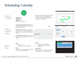 BOWERY CAPITAL
Scheduling: Calendly
60
Company
Description
!
!
!
!
Founded: 2013
Employees: 1-10
Status: Privately
Website...