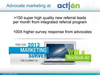22
>150 super high quality new referral leads
per month from integrated referral program
100X higher survey response from advocates
Advocate marketing at
Source: Influitive data
 