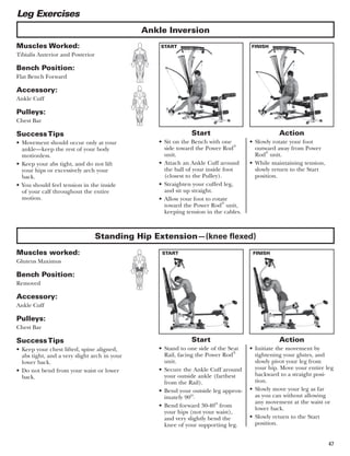 47
Leg Exercises
Ankle Inversion
Standing Hip Extension—(knee ﬂexed)
Muscles Worked:
Tibialis Anterior and Posterior
Bench Position:
Flat Bench Forward
Accessory:
Ankle Cuff
Pulleys:
Chest Bar
SuccessTips
• Movement should occur only at your
ankle—keep the rest of your body
motionless.
• Keep your abs tight, and do not lift
your hips or excessively arch your
back.
• You should feel tension in the inside
of your calf throughout the entire
motion.
Muscles worked:
Gluteus Maximus
Bench Position:
Removed
Accessory:
Ankle Cuff
Pulleys:
Chest Bar
SuccessTips
• Keep your chest lifted, spine aligned,
abs tight, and a very slight arch in your
lower back.
• Do not bend from your waist or lower
back.
START FINISH
START FINISH
Start
• Sit on the Bench with one
side toward the Power Rod®
unit.
• Attach an Ankle Cuff around
the ball of your inside foot
(closest to the Pulley).
• Straighten your cuffed leg,
and sit up straight.
• Allow your foot to rotate
toward the Power Rod®
unit,
keeping tension in the cables.
Start
• Stand to one side of the Seat
Rail, facing the Power Rod®
unit.
• Secure the Ankle Cuff around
your outside ankle (farthest
from the Rail).
• Bend your outside leg approx-
imately 90o.
• Bend forward 30-40o
from
your hips (not your waist),
and very slightly bend the
knee of your supporting leg.
Action
• Slowly rotate your foot
outward away from Power
Rod®
unit.
• While maintaining tension,
slowly return to the Start
position.
Action
• Initiate the movement by
tightening your glutes, and
slowly pivot your leg from
your hip. Move your entire leg
backward to a straight posi-
tion.
• Slowly move your leg as far
as you can without allowing
any movement at the waist or
lower back.
• Slowly return to the Start
position.
 