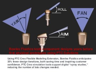 Bowles Fluidics tests component designs years before
first physical prototypes using PTC Solutions
Using PTC Creo Flexible Modeling Extension, Bowles Fluidics anticipates
35% fewer design iterations, both saving time and inspiring customer
confidence. PTC Creo simulation tools support digital “spray studies,”
reducing the number of late changes needed.
 