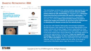 Copyright (c) 2017 by STORM Insights Inc. All Rights Reserved.
DIABETIC RETINOPATHY: IBM
“Our technology combines two various analytics approaches into one
hybrid method, wherein a convolutional neural networks (CNN)-
based method for DR classiﬁcation is integrated with a dictionary-
based learning that incorporates DR-speciﬁc pathologies. This
hybrid analysis resulted in a great improvement in classiﬁcation
accuracy. Our method takes approximately twenty seconds to
analyze the image and achieves an accuracy score of 86 percent
in classifying the disease across the ﬁve severity levels.

An eye scan with Diabetic Retinopathy hemorrhages highlighted

We also showed a new method for the accurate segmentation of the
fovea in retinal color fundus images. Fovea is responsible for sharp
central vision. Location of retina lesions and pathologies with respect
to the fovea impacts their clinical relevance. Our technology allows for
a pixel-wise segmentation of the fovea. It does not require prior
knowledge of the location of other retinal structures such as optic
disc or retina vasculature. This is an advantage over other published
methods, which can either localize only the center of the fovea or
need a priori information about major structures in the image.”
 