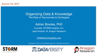 Organizing Data & Knowledge

The Role of Taxonomies & Ontologies
Adrian Bowles, PhD

Founder, STORM Insights, Inc.

Lead Analyst, AI, Aragon Research

info@storminsights.com
Copyright (c) 2017 by STORM Insights Inc. All Rights Reserved.
AUGUST 10, 2017
 