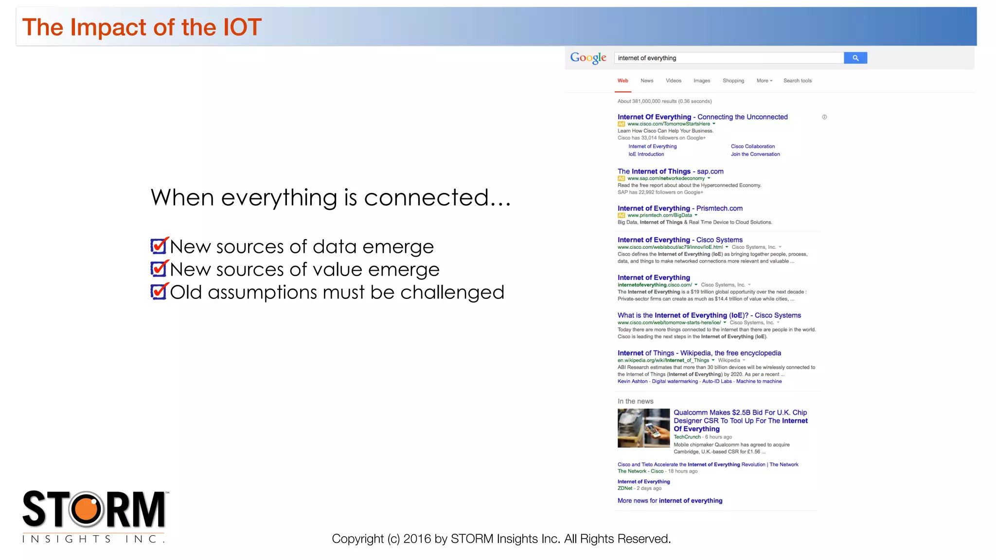 The Impact of the IOT
Copyright (c) 2016 by STORM Insights Inc. All Rights Reserved.
When everything is connected…
New sources of data emerge
New sources of value emerge
Old assumptions must be challenged
 