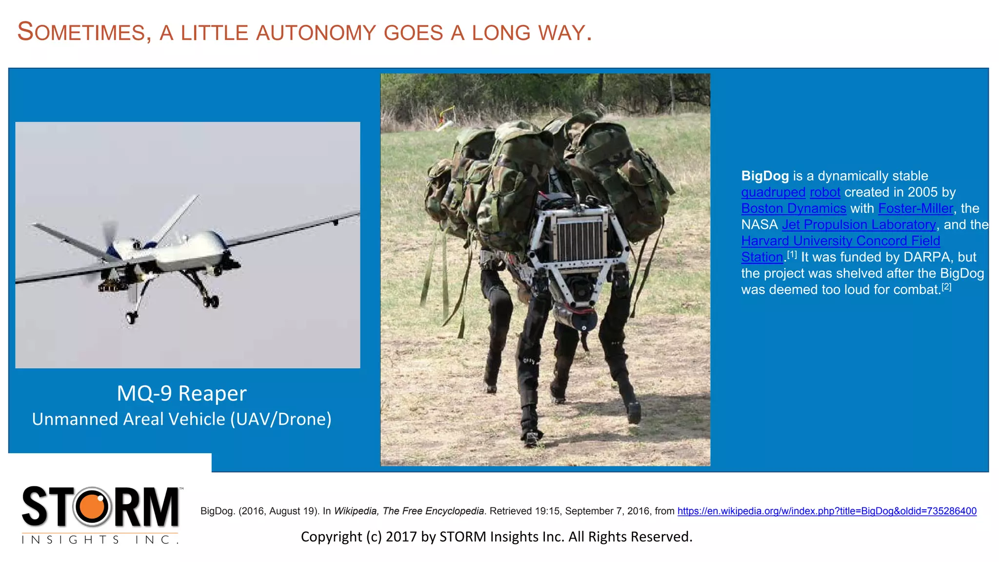 BigDog is a dynamically stable
quadruped robot created in 2005 by
Boston Dynamics with Foster-Miller, the
NASA Jet Propulsion Laboratory, and the
Harvard University Concord Field
Station.[1] It was funded by DARPA, but
the project was shelved after the BigDog
was deemed too loud for combat.[2]
BigDog. (2016, August 19). In Wikipedia, The Free Encyclopedia. Retrieved 19:15, September 7, 2016, from https://en.wikipedia.org/w/index.php?title=BigDog&oldid=735286400
MQ-9 Reaper
Unmanned Areal Vehicle (UAV/Drone)
SOMETIMES, A LITTLE AUTONOMY GOES A LONG WAY.
Copyright (c) 2017 by STORM Insights Inc. All Rights Reserved.
 
