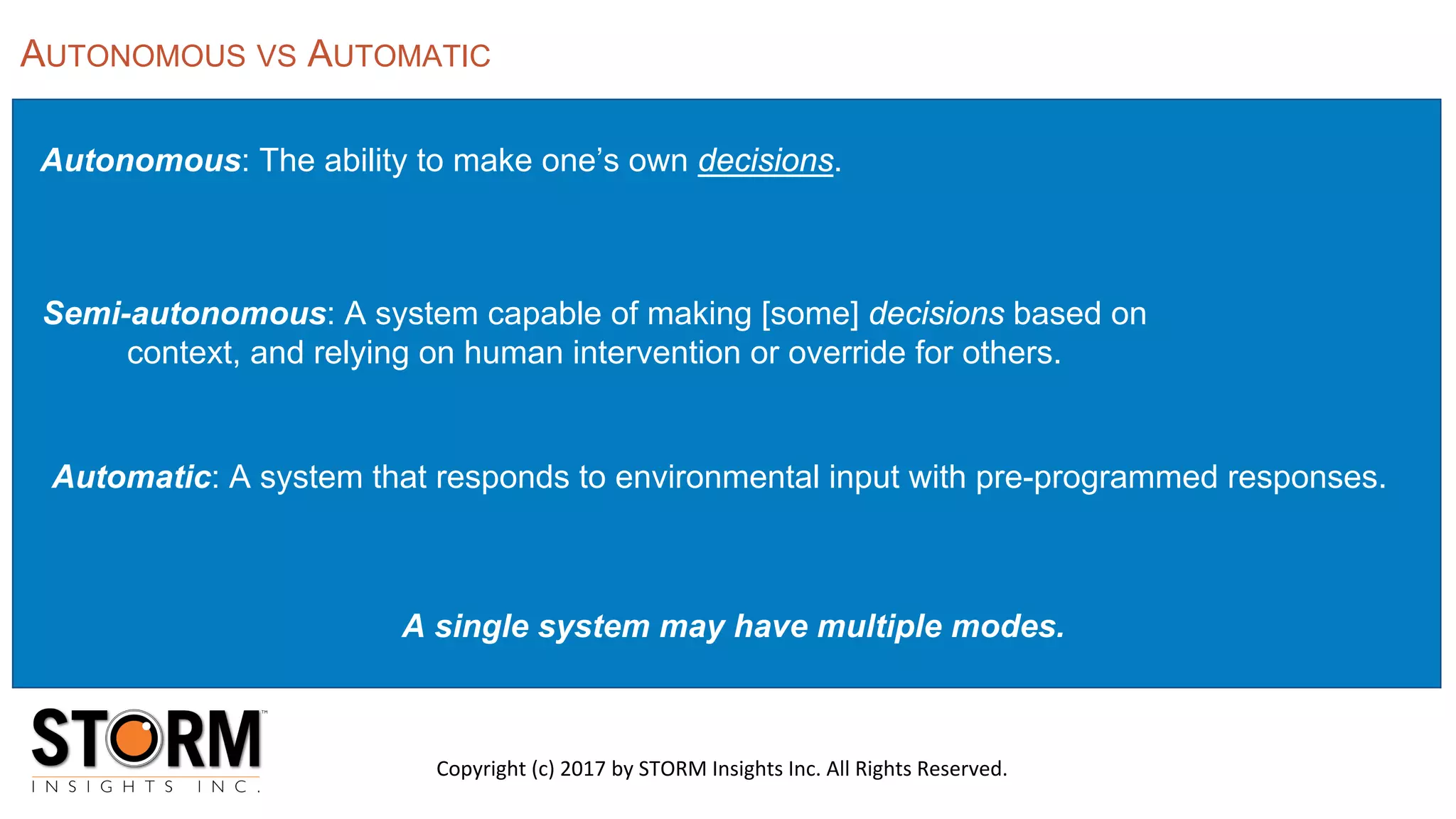 Autonomous: The ability to make one’s own decisions.
Automatic: A system that responds to environmental input with pre-programmed responses.
Semi-autonomous: A system capable of making [some] decisions based on
context, and relying on human intervention or override for others.
A single system may have multiple modes.
AUTONOMOUS VS AUTOMATIC
Copyright (c) 2017 by STORM Insights Inc. All Rights Reserved.
 