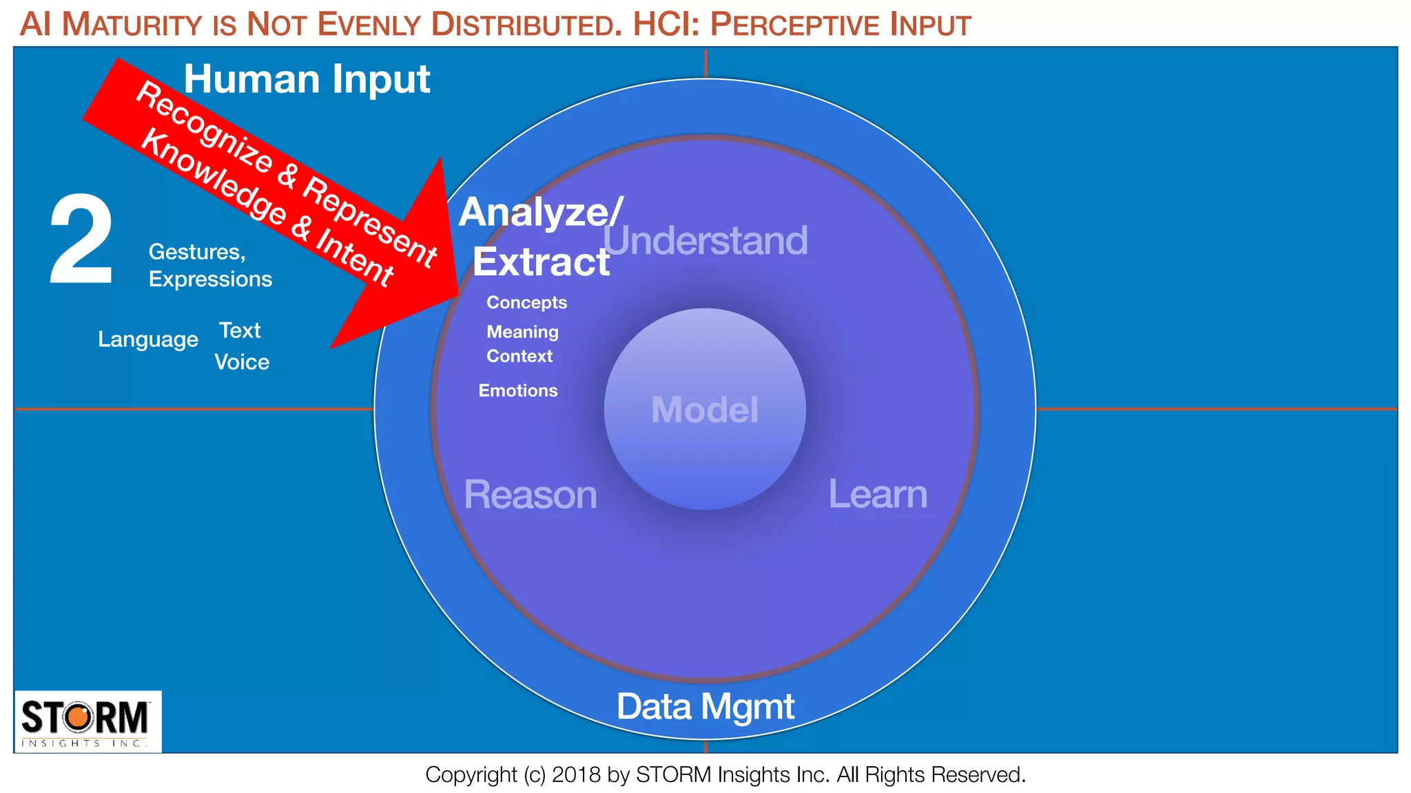 LearnReason
Understand
Model
Data Mgmt
Human Input
AI MATURITY IS NOT EVENLY DISTRIBUTED. HCI: PERCEPTIVE INPUT
2
Recognize & Represent
Knowledge & Intent
Analyze/
Extract
Meaning
Concepts
Context
Emotions
Gestures,
Expressions
Language
Voice
Text
Copyright (c) 2018 by STORM Insights Inc. All Rights Reserved.
 