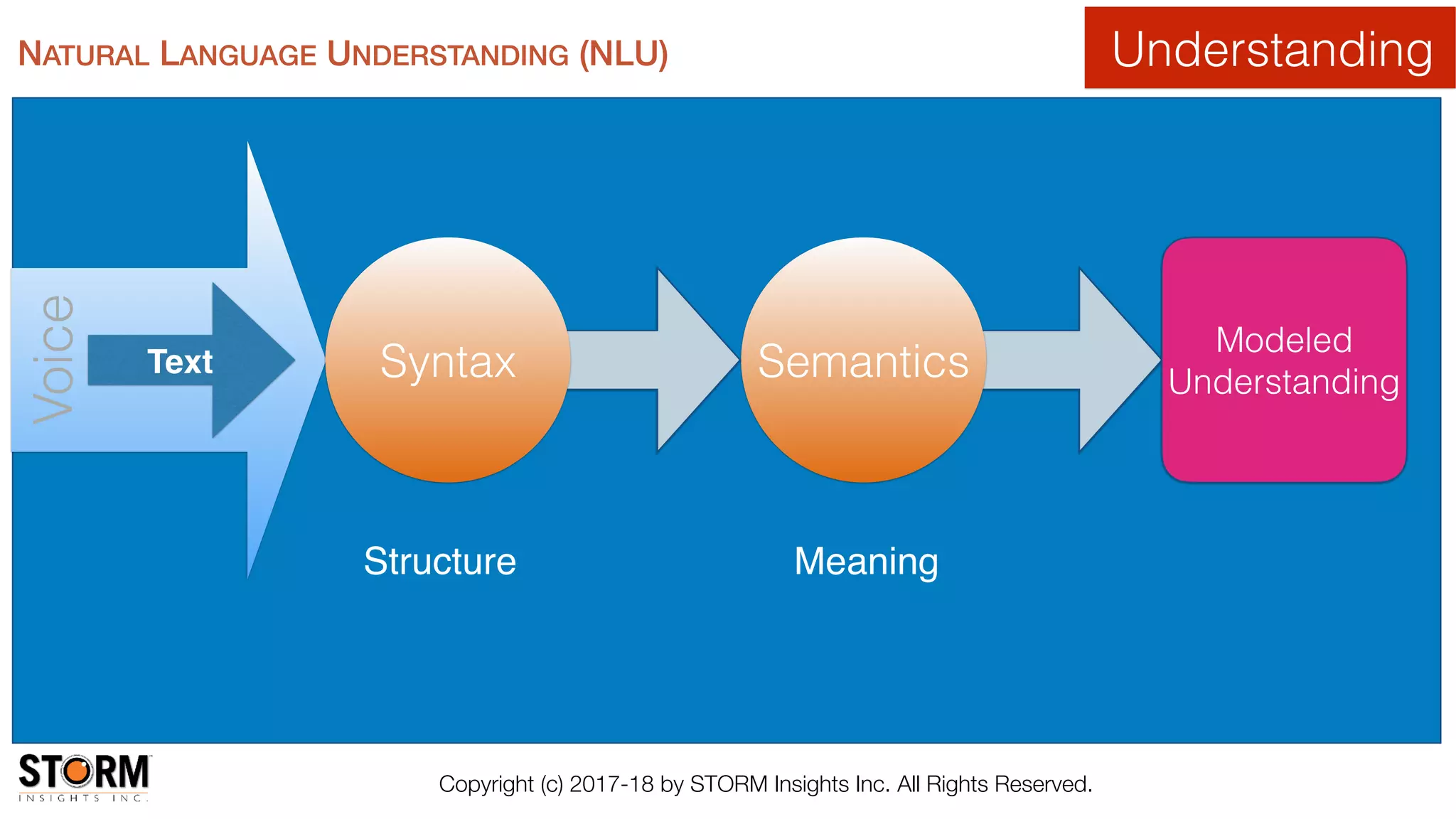 Copyright (c) 2017-18 by STORM Insights Inc. All Rights Reserved.
SemanticsText Syntax
Voice
Structure Meaning
Modeled
Understanding
NATURAL LANGUAGE UNDERSTANDING (NLU) Understanding
 