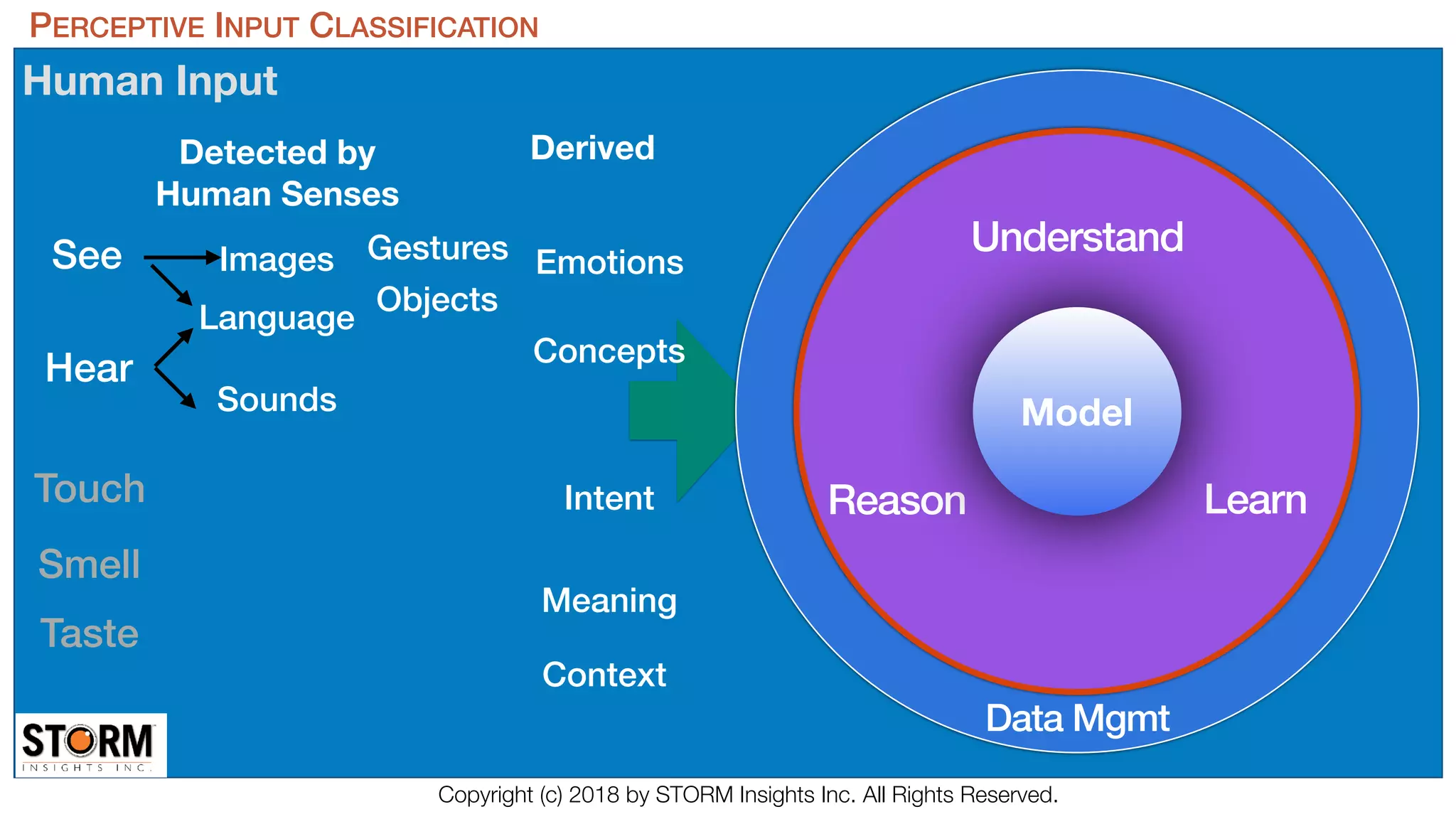 Human Input
Gestures
Language
PERCEPTIVE INPUT CLASSIFICATION
Context
LearnReason
Understand
Model
Data Mgmt
Detected by
Human Senses
Derived
ImagesSee
Hear
Touch
Smell
Taste
Sounds
Objects
Emotions
Meaning
Concepts
Intent
Copyright (c) 2018 by STORM Insights Inc. All Rights Reserved.
 
