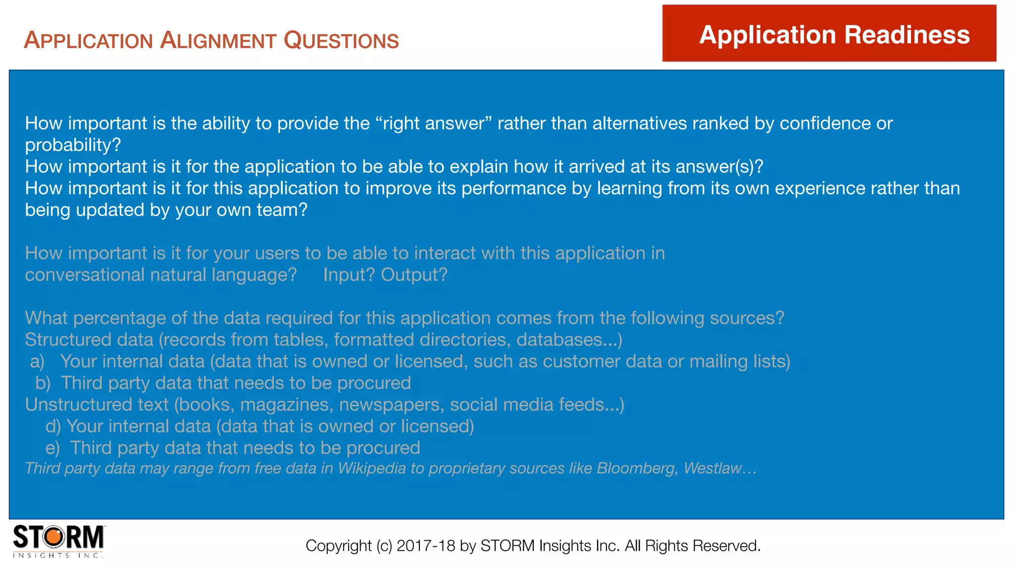 Copyright (c) 2017-18 by STORM Insights Inc. All Rights Reserved.
APPLICATION ALIGNMENT QUESTIONS
How important is the ability to provide the “right answer” rather than alternatives ranked by conﬁdence or
probability?

How important is it for the application to be able to explain how it arrived at its answer(s)? 

How important is it for this application to improve its performance by learning from its own experience rather than
being updated by your own team?

How important is it for your users to be able to interact with this application in 

conversational natural language? Input? Output?

What percentage of the data required for this application comes from the following sources?

Structured data (records from tables, formatted directories, databases...)

a) Your internal data (data that is owned or licensed, such as customer data or mailing lists)

b) Third party data that needs to be procured 

Unstructured text (books, magazines, newspapers, social media feeds...)

d) Your internal data (data that is owned or licensed)

e) Third party data that needs to be procured 

Third party data may range from free data in Wikipedia to proprietary sources like Bloomberg, Westlaw…
Application Readiness
 