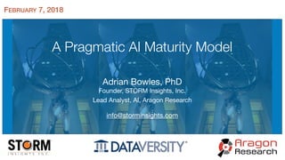 FEBRUARY 7, 2018
A Pragmatic AI Maturity Model
Adrian Bowles, PhD

Founder, STORM Insights, Inc.

Lead Analyst, AI, Aragon Research

info@storminsights.com
 