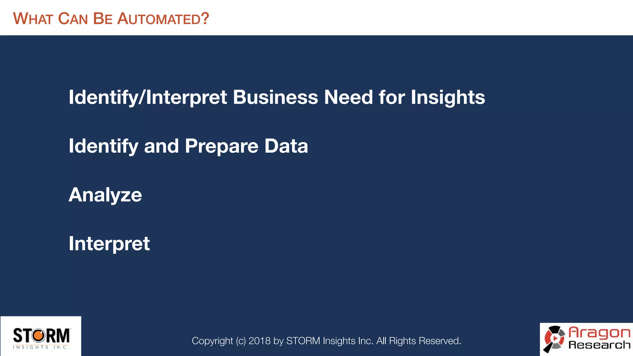 Copyright (c) 2018 by STORM Insights Inc. All Rights Reserved.
WHAT CAN BE AUTOMATED?
Identify/Interpret Business Need for Insights
Identify and Prepare Data
Analyze
Interpret
 