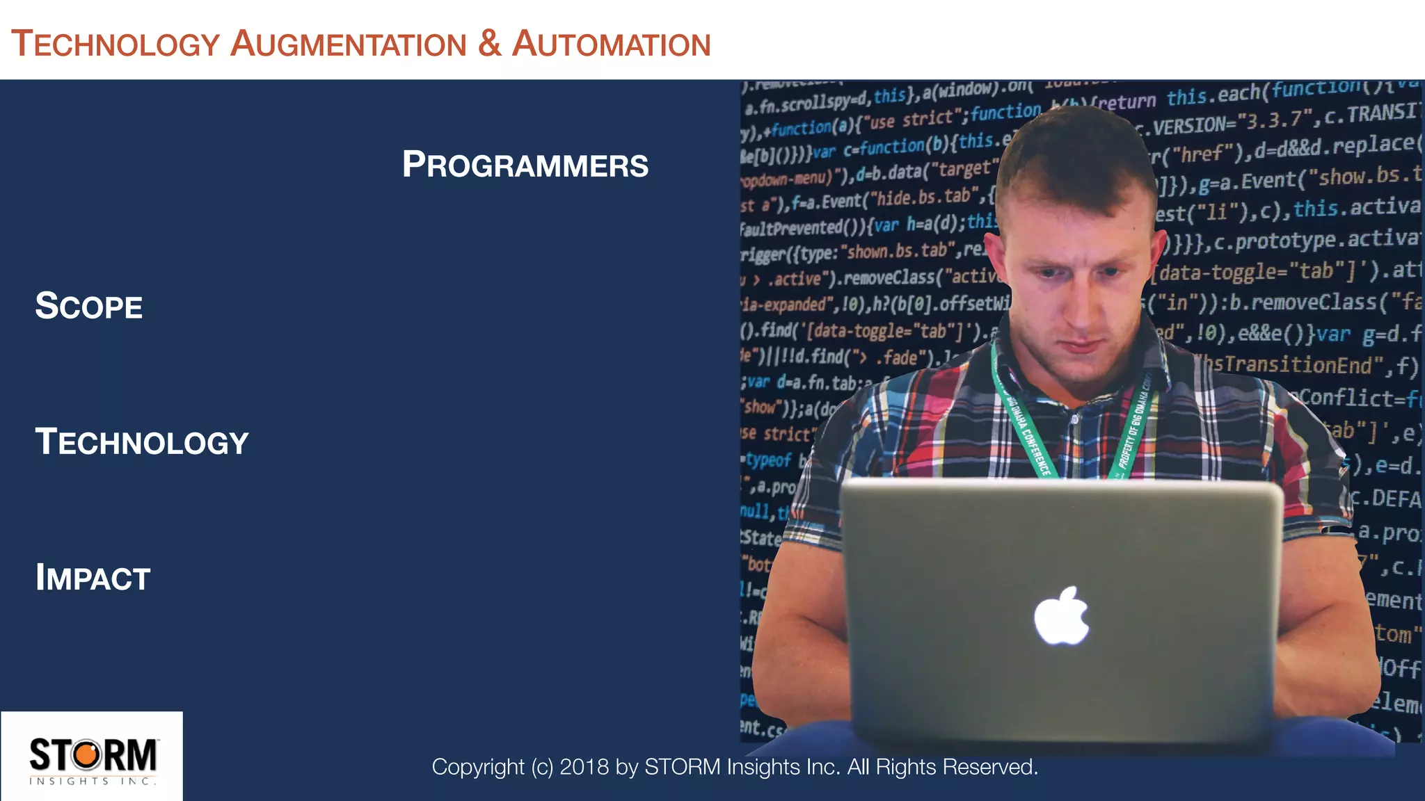 Copyright (c) 2018 by STORM Insights Inc. All Rights Reserved.
TECHNOLOGY AUGMENTATION & AUTOMATION
PROGRAMMERS
SCOPE
TECHNOLOGY
IMPACT
 