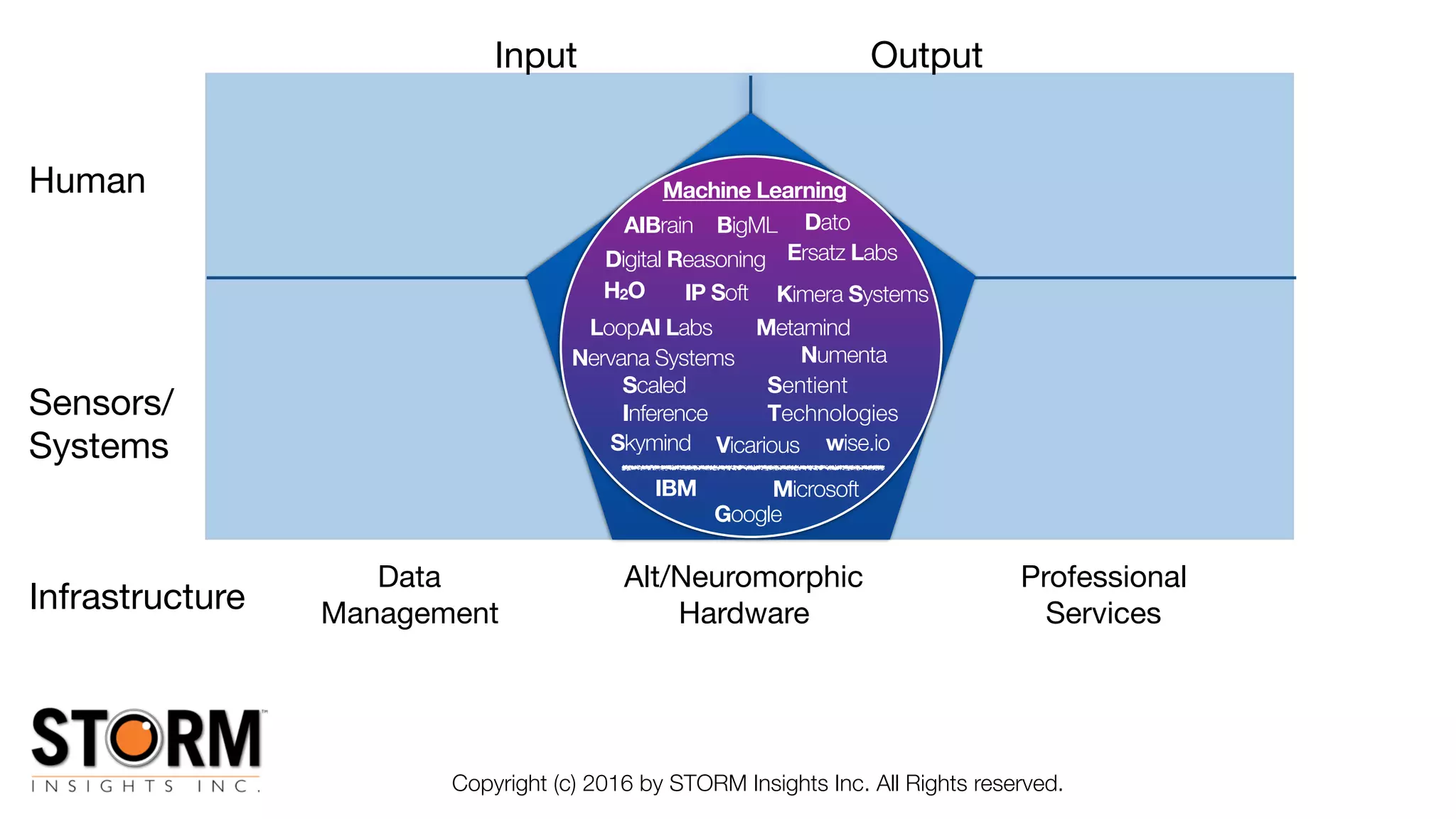 Human
Sensors/

Systems
Infrastructure
Input Output
Data

Management
Alt/Neuromorphic

Hardware
Professional

Services
Copyright (c) 2016 by STORM Insights Inc. All Rights reserved.
Machine Learning
Metamind
IBM
Ersatz Labs
Scaled
Inference
Microsoft
IP Soft
Numenta
Digital Reasoning
Google
Nervana Systems
BigML
Sentient
Technologies
VicariousSkymind wise.io
Dato
Kimera SystemsH2O
LoopAI Labs
AIBrain
 