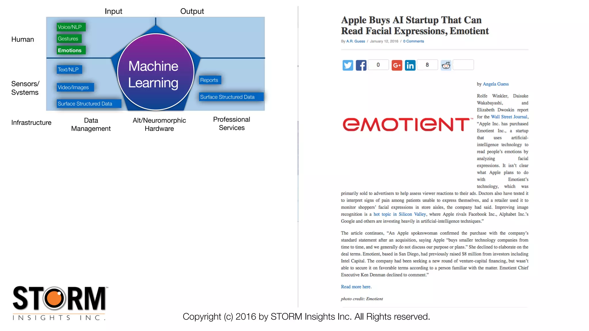 Copyright (c) 2016 by STORM Insights Inc. All Rights reserved.
Machine
Learning
Human
Sensors/

Systems
Infrastructure
Input Output
Voice/NLP
Gestures
Emotions
Data

Management
Alt/Neuromorphic

Hardware
Professional

Services
Video/Images
Text/NLP
Surface Structured Data
Surface Structured Data
Reports
 