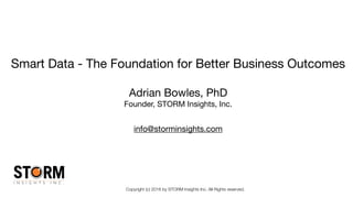 Copyright (c) 2016 by STORM Insights Inc. All Rights reserved.
Smart Data - The Foundation for Better Business Outcomes

Adrian Bowles, PhD

Founder, STORM Insights, Inc.

info@storminsights.com
 