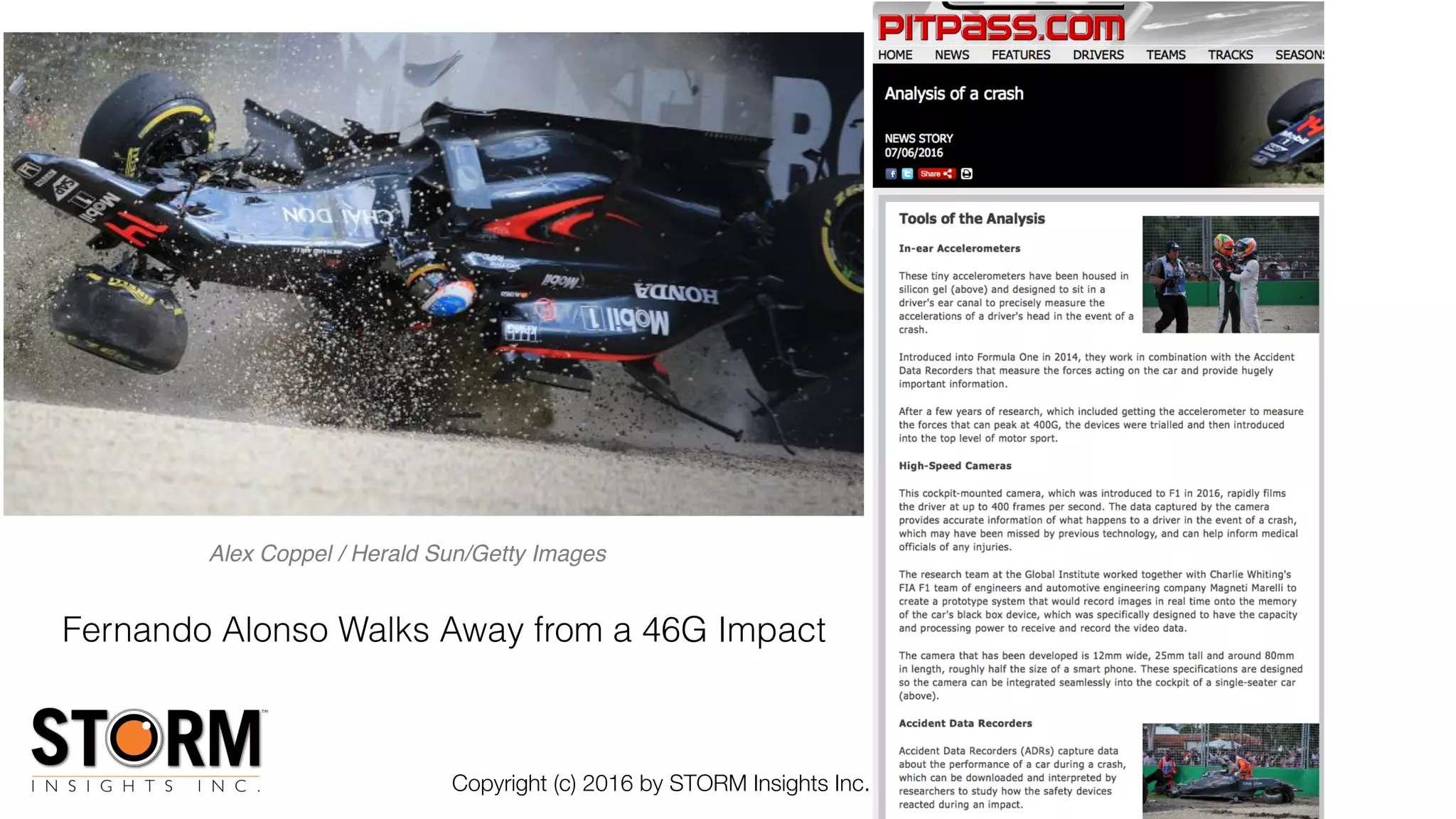 Copyright (c) 2016 by STORM Insights Inc. All Rights reserved.
Alex Coppel / Herald Sun/Getty Images
Fernando Alonso Walks Away from a 46G Impact
 
