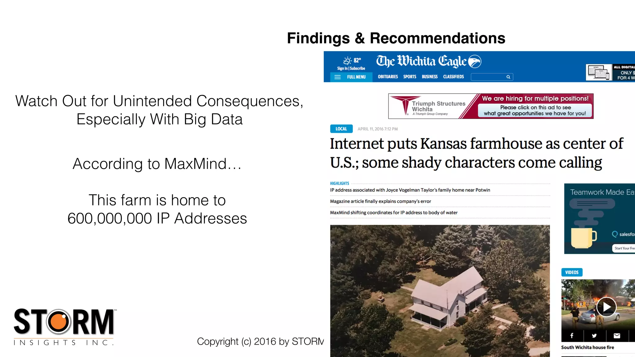 Copyright (c) 2016 by STORM Insights Inc. All Rights reserved.
According to MaxMind…
This farm is home to
600,000,000 IP Addresses
Watch Out for Unintended Consequences,
Especially With Big Data
Findings & Recommendations
 