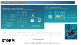 Source: Qualcomm
Copyright (c) 2015 by STORM Insights Inc. All Rights reserved.
Neuromorphic Architectures
MAY 2, 2016: Qualcomm Incorporated (NASDAQ: QCOM) today announced at the Embedded Vision Summit in Santa Clara, Calif., that its subsidiary,
Qualcomm Technologies, Inc., is offering the first deep learning software development kit (SDK) for devices powered by Qualcomm® Snapdragon™ 820
processors. The SDK, called the Qualcomm Snapdragon Neural Processing Engine, is powered by the Qualcomm® Zeroth™ Machine Intelligence
Platform
 