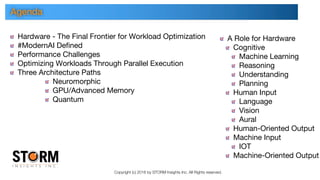 Copyright (c) 2016 by STORM Insights Inc. All Rights reserved.
Hardware - The Final Frontier for Workload Optimization
#ModernAI Defined
Performance Challenges
Optimizing Workloads Through Parallel Execution
Three Architecture Paths
Neuromorphic
GPU/Advanced Memory
Quantum
Agenda
A Role for Hardware
Cognitive
Machine Learning
Reasoning
Understanding
Planning
Human Input
Language
Vision
Aural
Human-Oriented Output
Machine Input
IOT
Machine-Oriented Output
 