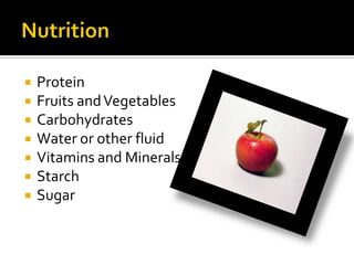 NutritionProteinFruits and VegetablesCarbohydratesWater or other fluidVitamins and MineralsStarchSugar
